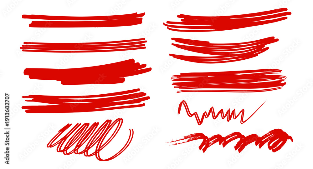 Obraz premium PNG Set of hand drawn red marker line design element, grunge strokes, doodle lines underline scribble