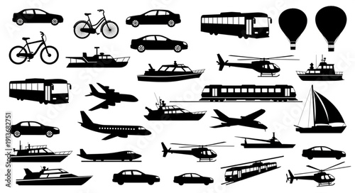 Collection of Silhouettes of Various Transportation Vehicles.