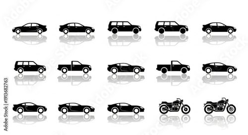 Collection of Silhouettes of Various Vehicles and Motorcycles.
