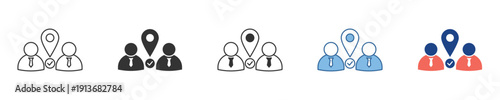 Multi-style vector icons depicting groups of people with a location pin, symbolizing team collaboration, social networking, and user communities meeting at a specific point
