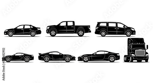 Collection of Silhouetted Vehicles Including Cars Trucks and a Semi-Trailer Truck.