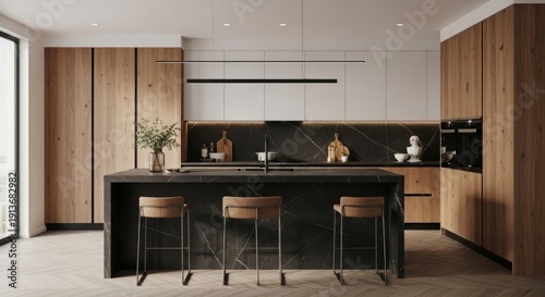 Modern kitchen interior with wood cabinets island and bar stools in neutral tones