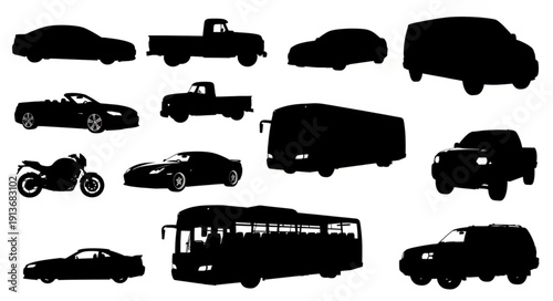 Collection of Silhouetted Vehicles on White Background.
