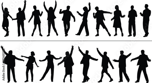 Dancing People Silhouettes Collection with Men and Women in Dynamic Party Poses, Celebration and Music Concept, Isolated on White Background, flat vector illustration