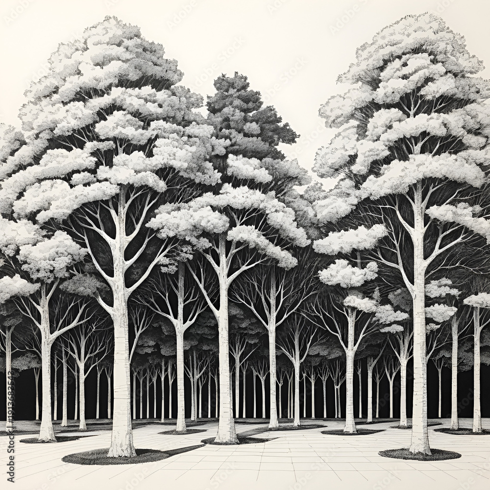 Fototapeta premium An architectural ink drawing of a set of trees.