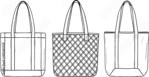 Hand drawn tote bag outlines set, reusable shopping bags sketch illustration in minimal black and white line art vector style