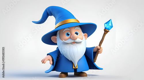 3D Cartoon Wizard with Wand and Blue Hat
