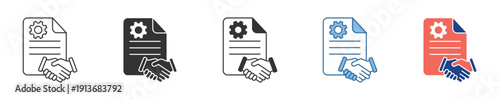 Vector icon set for business agreement, featuring document with gear and handshake, representing technical service, policy customization, and partnership collaboration concepts