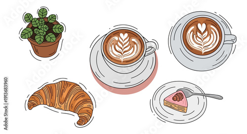 Delicious coffee and pastries with potted plant illustration