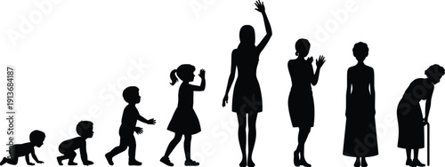 Woman life cycle silhouette from baby crawling to elderly aging stages flat vector illustration isolated on white background