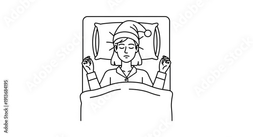 Woman sleeping peacefully in bed wearing a nightcap.