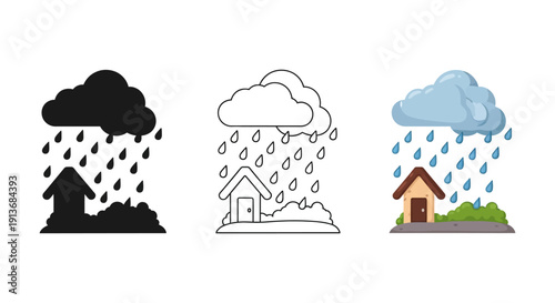Collection of three distinct style icons depicting a rain cloud showering water droplets onto a small residential house graphic for weather illustration purposes
