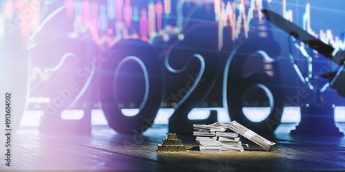 Obraz na plátně Financial goals concept for 2026: gold bars and stacks of cash on a table, stock chart background and New Year's investment planning, capital growth, trading forecast and economic forecast