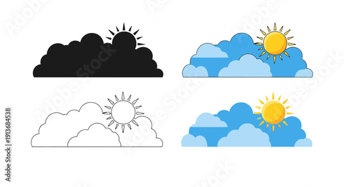 Collection of four distinct weather icons illustrating various stylistic representations of partly cloudy skies with a bright shining sun emerging from behind soft clouds