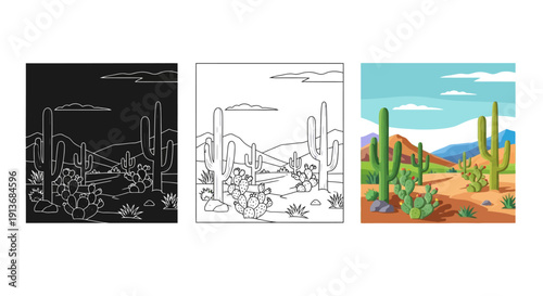 Three distinct artistic representations of a classic arid desert landscape featuring various types of resilient cacti under a bright sky