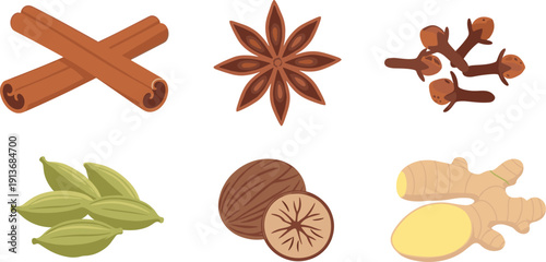 Different herbs and spices are arranged on a white background