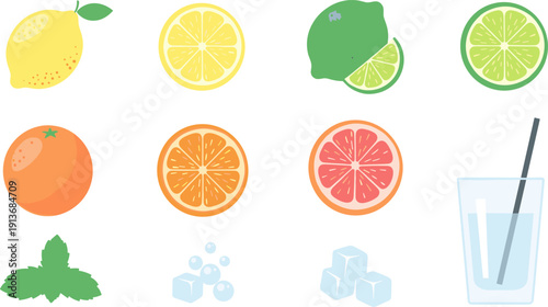 Colorful fruits and refreshing drink ingredients on a white background