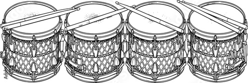 Vintage hand-drawn snare drums illustration set with drumsticks, detailed engraved percussion instruments, marching band music sketch in black and white