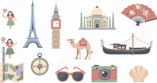 Global travel symbols depict diverse cultures and landmarks