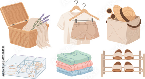 Summer clothing and accessories arranged on a flat surface