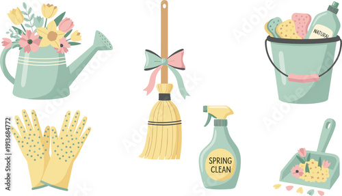 Spring cleaning tools and supplies with flowers, gloves, and broom