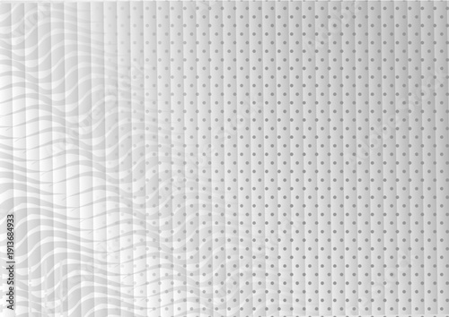 A clean, futuristic background featuring a transition from a 3D wavy grid pattern on the left to a precise halftone dot matrix on the right. This minimalist white and grey design is ideal for high-tec