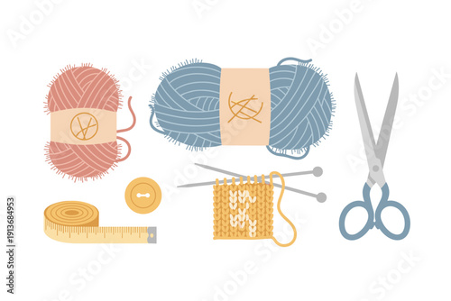 Craft supplies on a table with yarn, scissors, and tools