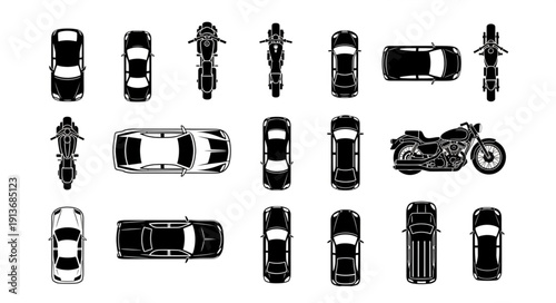 Collection of Top Down Silhouettes of Cars and Motorcycles.