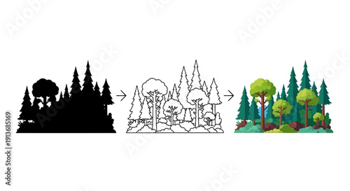 Visual transformation sequence illustrating the progression from a solid black forest silhouette to a detailed, colorful, stylized woodland scene design asset