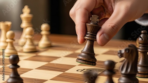 Hand Playing Chess on Wooden Board