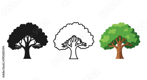 Collection of three distinct tree icons representing different artistic styles including a solid silhouette a detailed outline and a full color illustration suitable for ecology projects