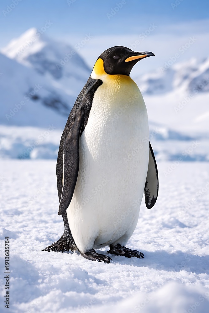 Fototapeta premium Penguin standing on snowy terrain with icy mountains in the background under a clear blue sky