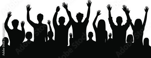 Crowd of People Raising Hands Silhouette Group Showing Celebration, Voting or Protest Concept Isolated on White Background, flat vector illustration