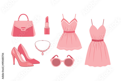Fashion items and accessories displayed on a white background