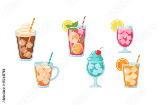 Different types of cold drinks on a white background
