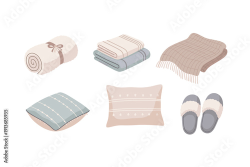 Soft blankets and cushions are arranged in simple styles