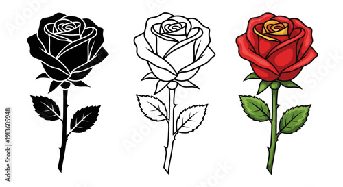 Collection of three distinct rose illustrations showing a black silhouette a simple outline and a vibrant red colored version with yellow center