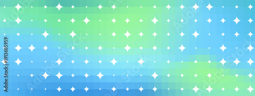 Turquoise blue gradient star pattern background. White sparkle geometric shapes in Y2K abstract grid. Vector diamond figures with pastel color aesthetic. Retro graphic design for trendy templates.