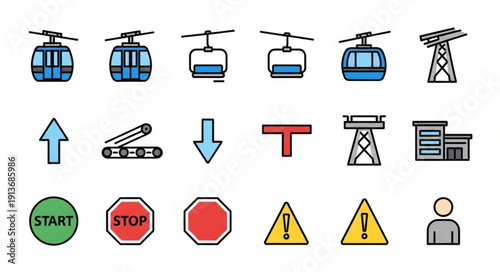 Collection of ski lift and transportation icons.
