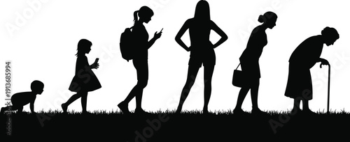 Woman Life Stages Silhouette Set from Crawling Baby to Elderly Lady with Cane