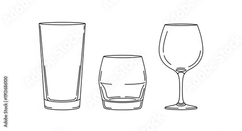 Three different types of drinking glasses line art illustration.