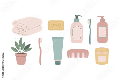 Bathroom items on a counter with plants and towels arranged neatly