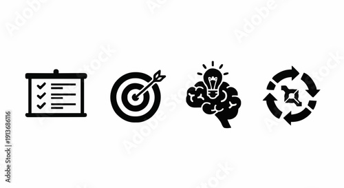 Business Strategy Icons Featuring Presentation Board Target Goal Brainstorming Idea and Workflow Process Management Symbols