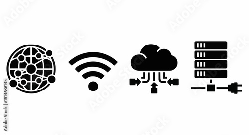 Networking and Cloud Technology Icons Featuring Global Connectivity WiFi Signal Data Storage and Server Symbols