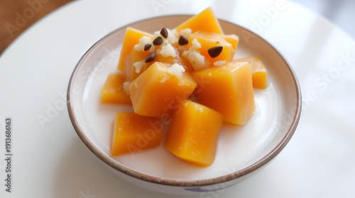 Bubur Ubi atau Jenang Telo is a dessert from Indonesia made of sweet potato, palm sugar and tapioca flour served with coconut milk.