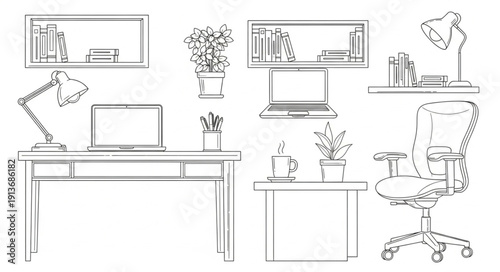 Modern home office desk setup with laptop and chair.