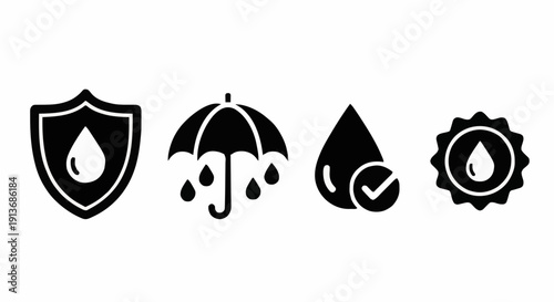 Waterproof Protection Symbols Featuring Umbrella, Shield, and Droplet Icons for Resistance and Quality Guarantee Signs