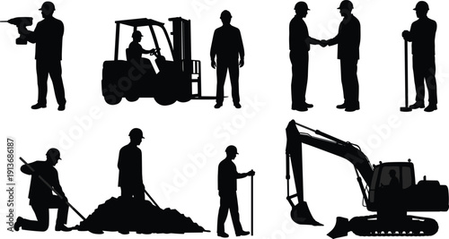 Construction worker silhouettes, land surveyor tripod icons, human head profile collection, group people symbol, black fire flame vector, industrial manual labor graphic elements.