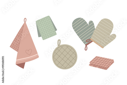 Kitchen textiles on a light background with various patterns