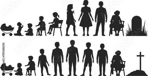 Human life cycle silhouette from birth to death, baby, adult and elderly stages with grave symbol, flat vector illustration